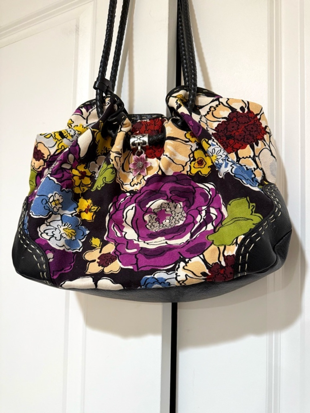 Brighton Purple Floral Canvas/Leather Shoulder Bag with Black Trim